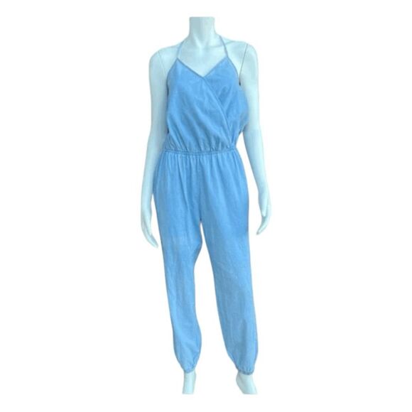 Mimi Chica Halter Chambray Jumpsuit Light Blue Knit Open Back V-Neck Tie Back - Picture 1 of 7